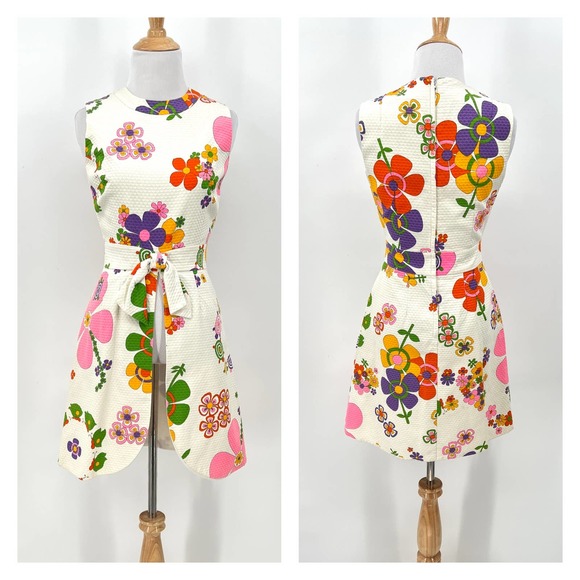 Neiman Marcus Dresses & Skirts - NEIMAN MARCUS Vintage 60s Dress Womens XS Small Off White Floral Print Mod Shift
